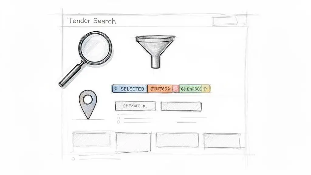 Uno schizzo digitale di un'interfaccia utente per la ricerca di appalti, con icone di ricerca e filtro, pulsanti colorati e campi di testo.