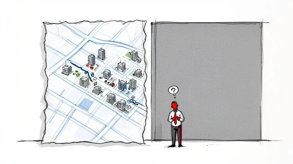 Illustrazione: una mappa dettagliata della città accanto a una persona confusa davanti a un muro grigio e vuoto.