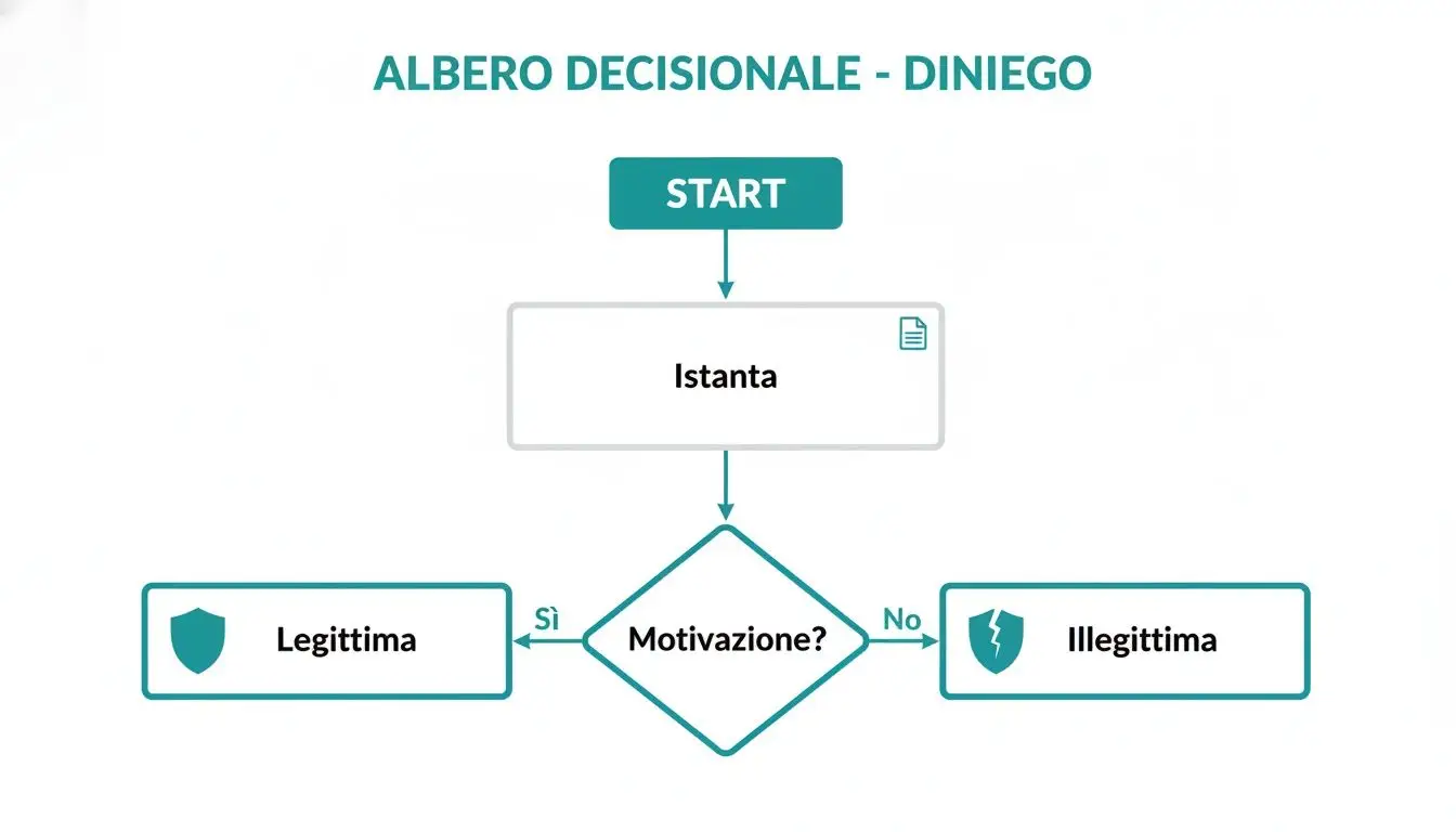 Diagramma di flusso che illustra il processo decisionale per il diniego di una richiesta, con istanza e motivazione.