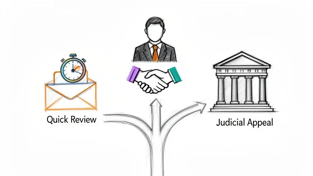 Illustrazione di scelte legali: revisione rapida, negoziazione e appello giudiziario con frecce direzionali.