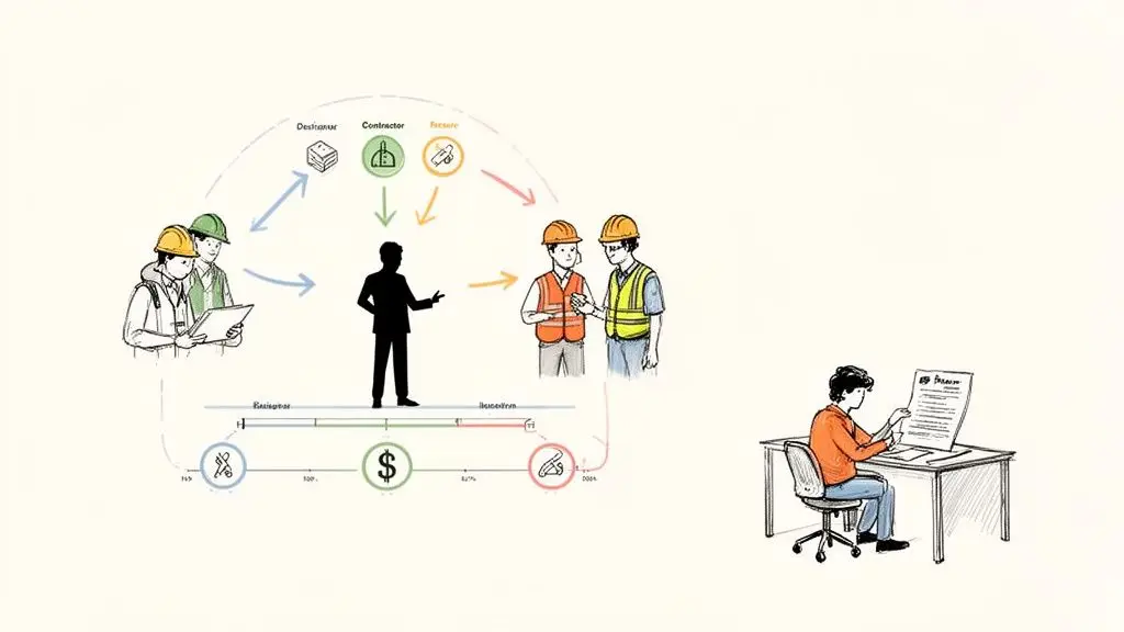 Diagramma del processo di costruzione che mostra ruoli, interazioni tra lavoratori edili e la gestione del progetto, con una persona che esamina documenti.