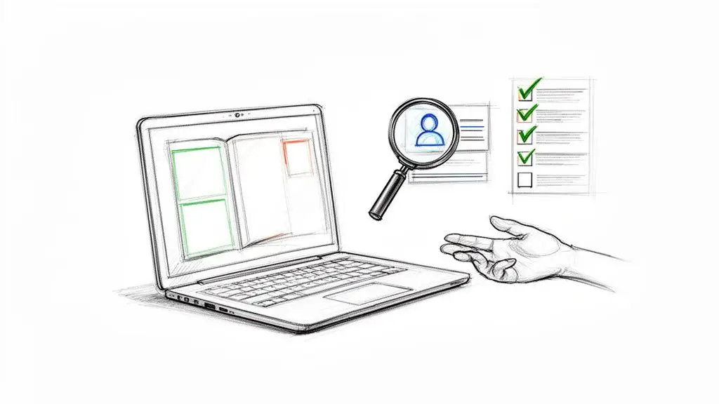 Illustrazione di un laptop con libro aperto, lente d'ingrandimento con icona utente, mano e checklist di gestione processi.