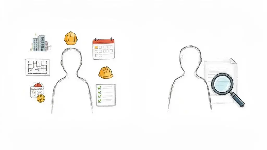 Due figure umane stilizzate con icone: una per la gestione del progetto, l'altra per l'analisi documentale.