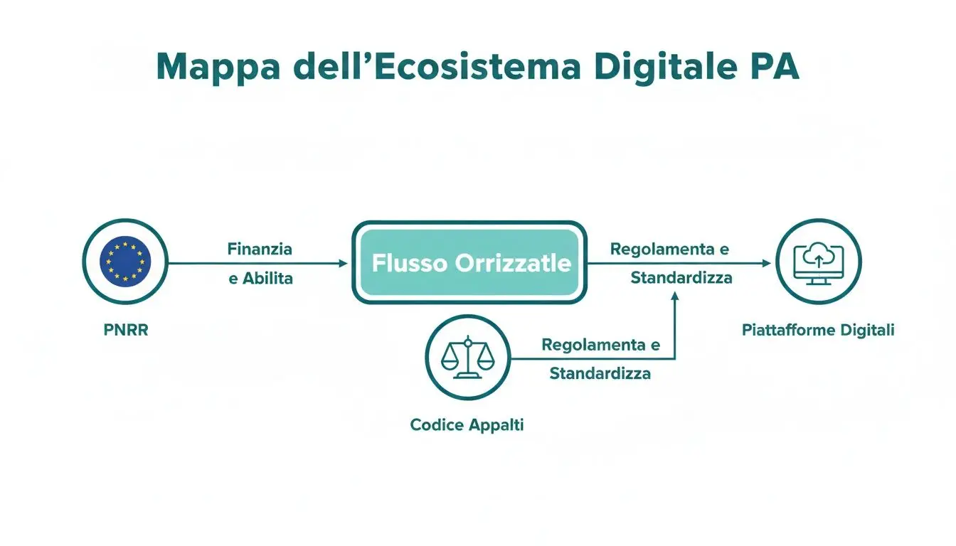 Diagramma che illustra l'ecosistema digitale della Pubblica Amministrazione, mostrando i flussi tra PNRR, Codice Appalti e Piattaforme Digitali.