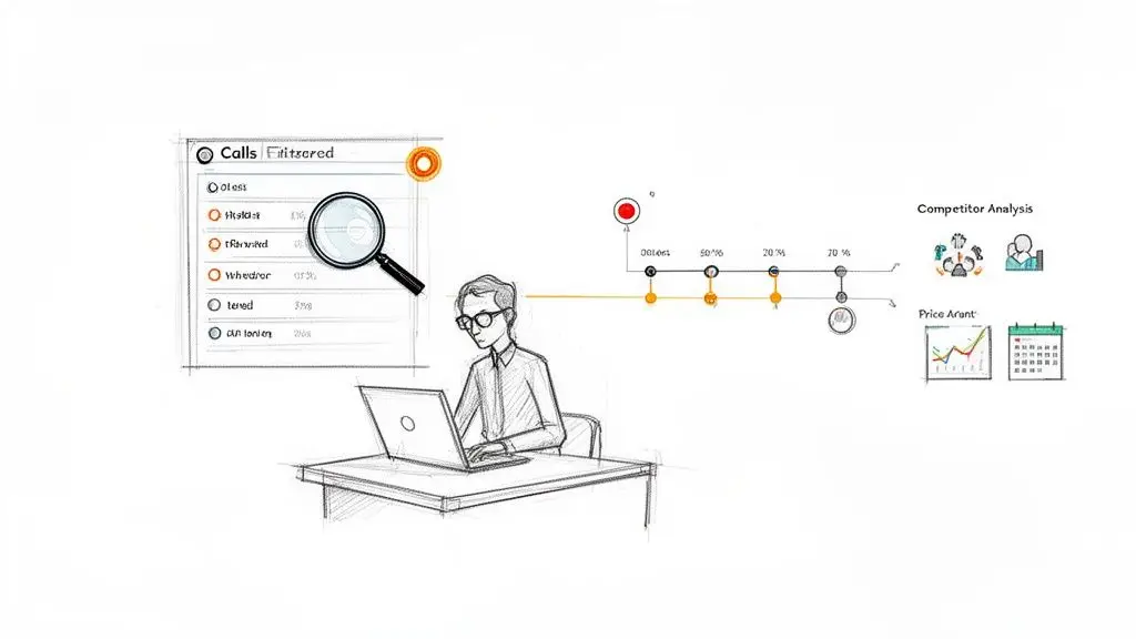 Un uomo analizza dati al laptop, con dashboard di chiamate, analisi concorrenza e allerta prezzi.