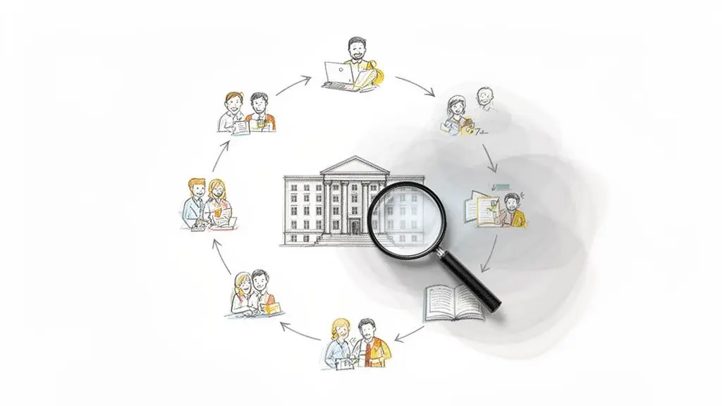 Diagramma di flusso che mostra persone che collaborano e ricercano, con un edificio centrale e una lente d'ingrandimento, simboleggiando il ciclo della conoscenza.