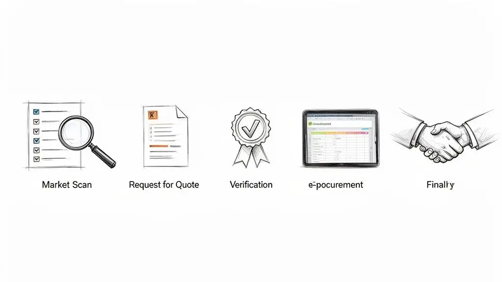 Illustrazione sequenziale che mostra i passaggi chiave di un processo di approvvigionamento, dalla scansione di mercato alla chiusura.