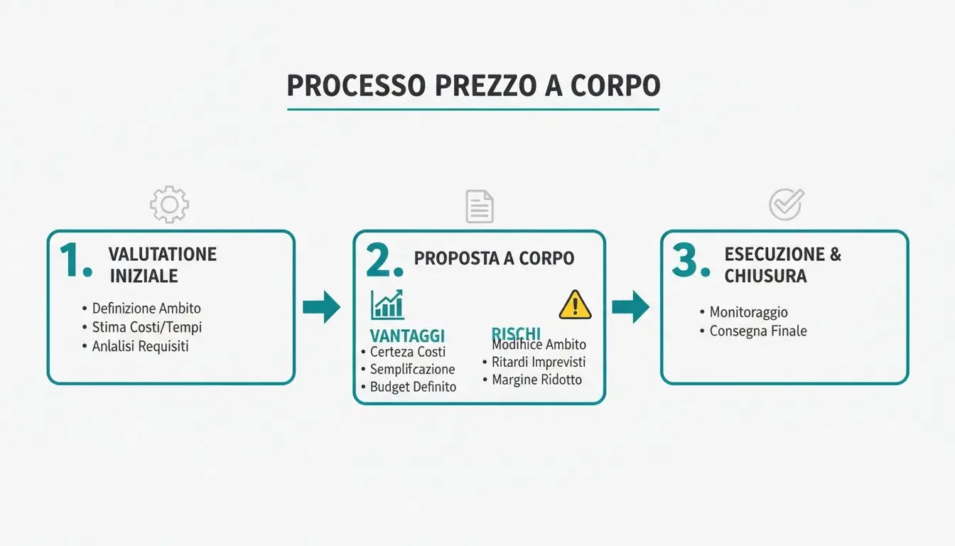 Diagramma del processo prezzo a corpo: valutazione iniziale, proposta con vantaggi e rischi, esecuzione e chiusura del progetto.