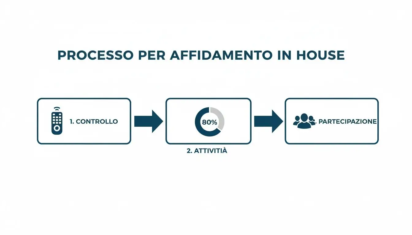 Schema di flusso che illustra il processo per l'affidamento in house con fasi di controllo, attività e partecipazione.