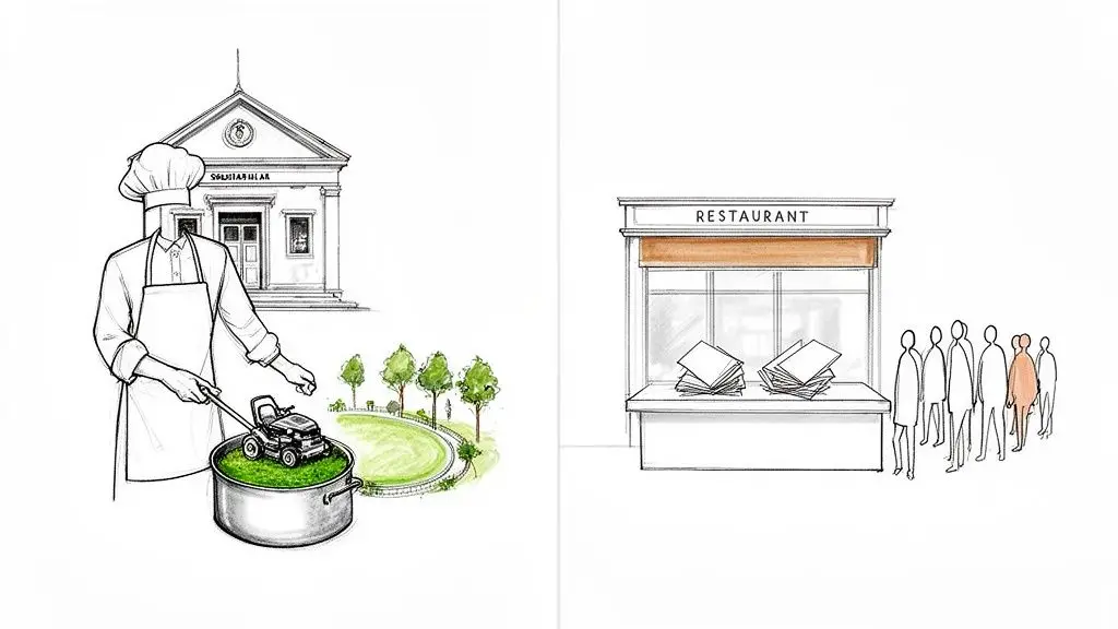 Un cuoco usa un tosaerba in una pentola, con un edificio pubblico dietro. A destra, una fila di persone attende fuori un ristorante.