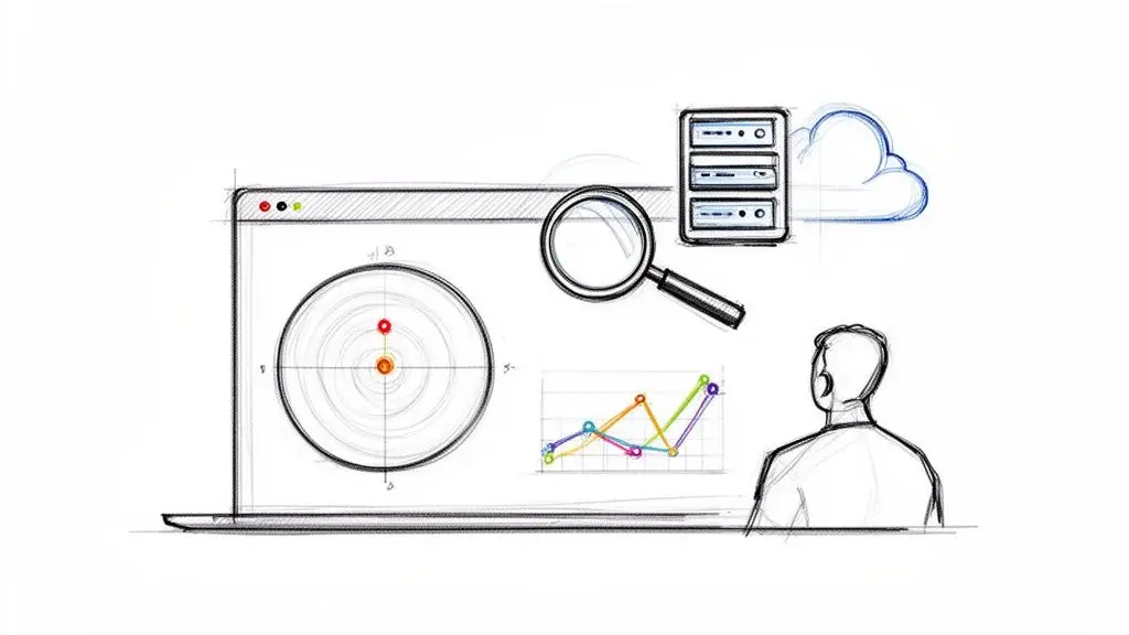 Illustrazione di una persona che analizza dati su un laptop con server, cloud e grafici.