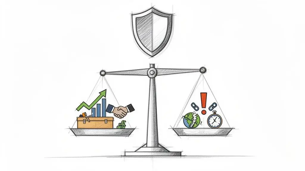 Bilancia con scudo, che equilibra crescita aziendale e partnership con rischi, problemi ambientali e urgenze.