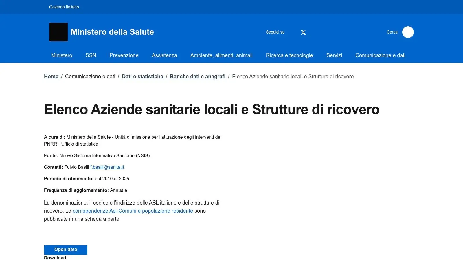 Ministero della Salute – Elenco ASL e Strutture di ricovero