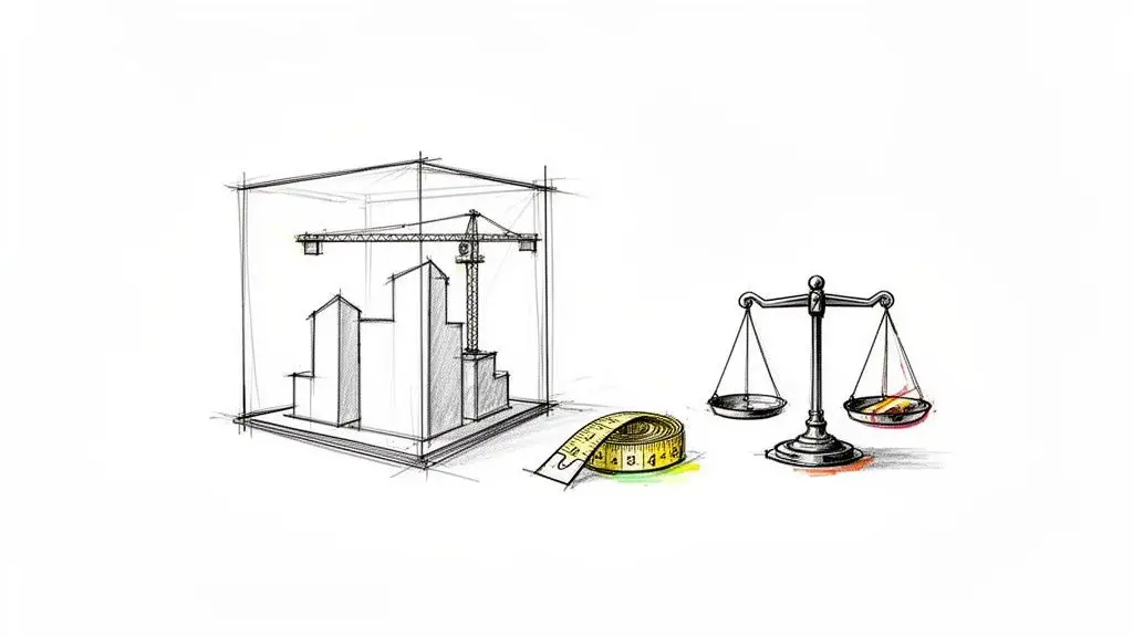 Illustrazione di edifici in costruzione con gru, metro a nastro e bilancia con oro, simbolo di valore e misurazione.