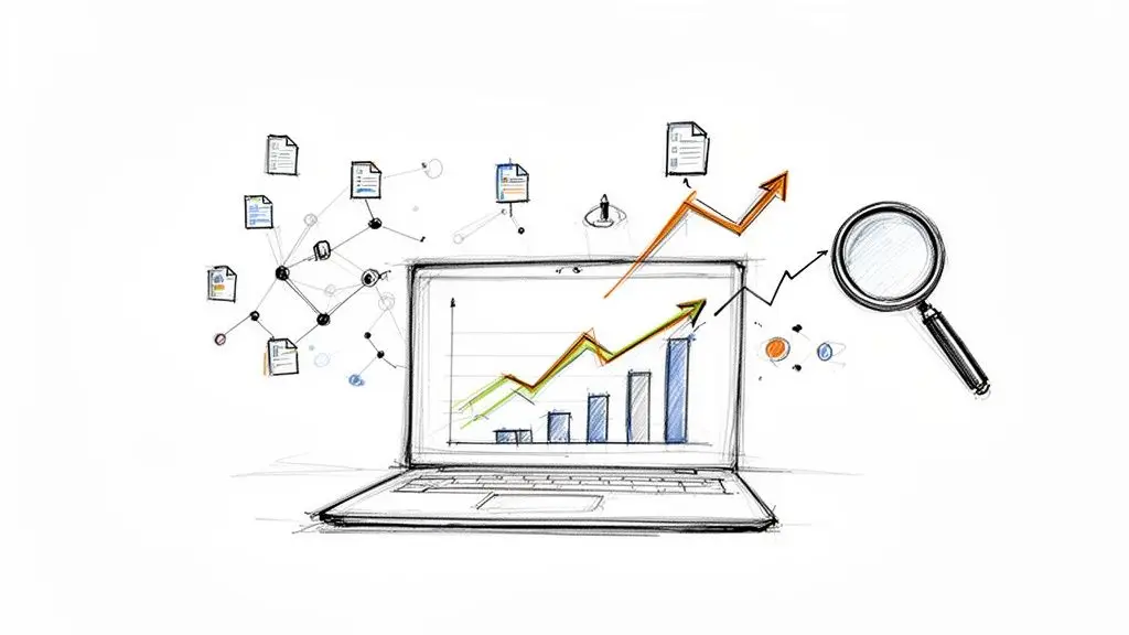 Schizzo digitale di analisi dati: laptop con grafici di crescita, file in rete e lente d'ingrandimento per ricerca.