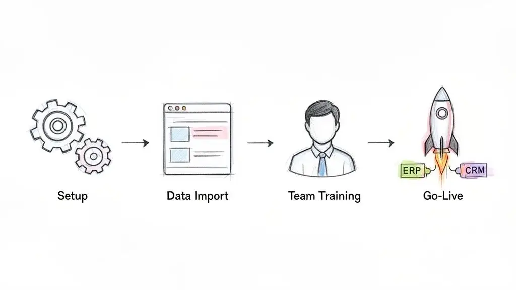 Illustrazione di un processo di implementazione software: configurazione, importazione dati, formazione del team e lancio.
