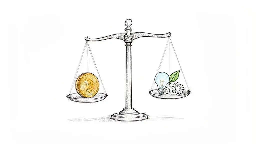 Una bilancia equilibra una moneta Bitcoin su un piatto e una lampadina, una foglia e ingranaggi sull'altro.