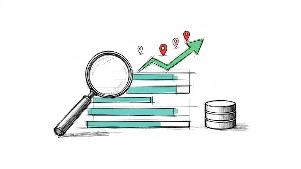 Lente d'ingrandimento che analizza un grafico a barre con freccia di crescita, spilli di posizione e un database.