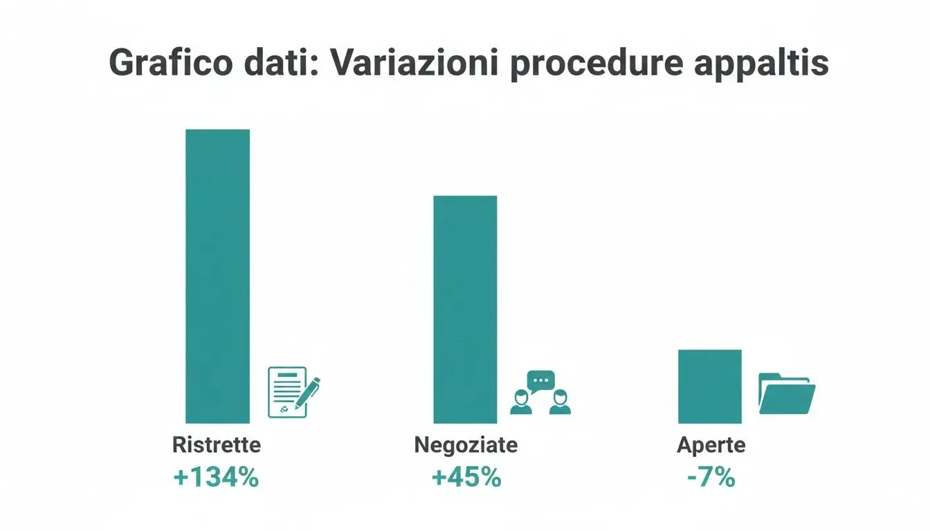 Grafico a barre che mostra le variazioni percentuali delle procedure d'appalto: Ristrette (+134%), Negoziate (+45%) e Aperte (-7%).