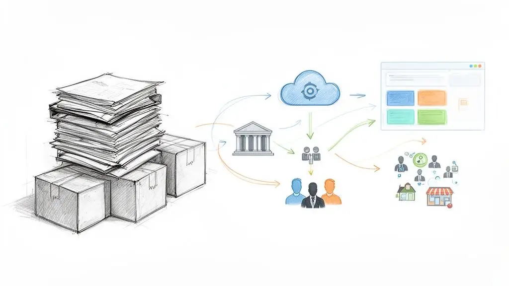Illustrazione del flusso di digitalizzazione: da documenti fisici a servizi cloud e piattaforme web per vari utenti.