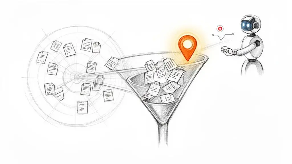 Un robot AI filtra documenti in un bicchiere a forma di imbuto, estraendo informazioni mirate e di valore.