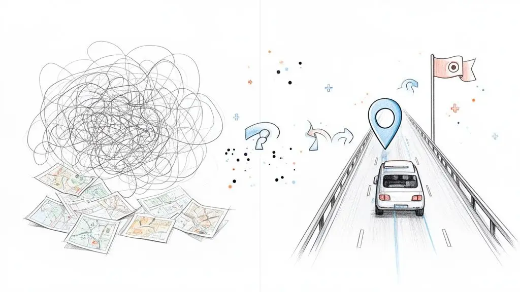 Rappresentazione del passaggio dalla complessità e incertezza delle mappe a una strada chiara con destinazione precisa.
