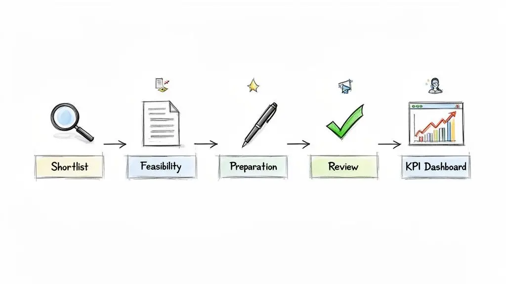 Una sequenza di cinque fasi di un processo di business, da preselezione a dashboard KPI, con icone rappresentative.