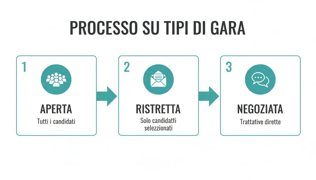 Diagramma del processo sui tipi di gara d'appalto: aperta per tutti, ristretta per candidati selezionati e negoziata con trattative dirette.