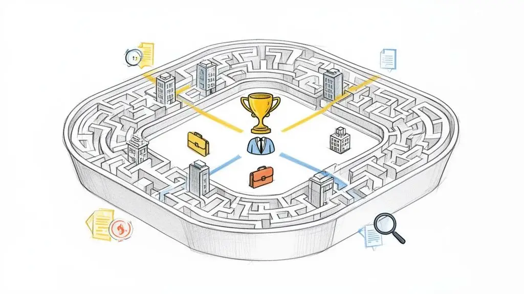 Illustrazione di un labirinto con edifici, professionista, trofeo e documenti, simbolo di sfida e successo negli appalti pubblici.