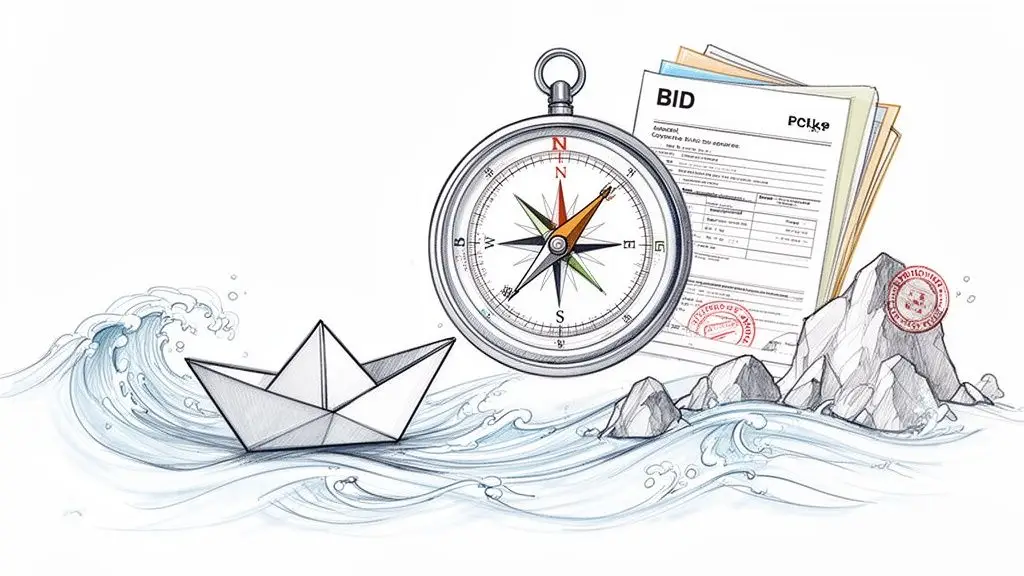 Una barca di carta naviga tra le onde, con bussola, documenti di gara e rocce timbrate.