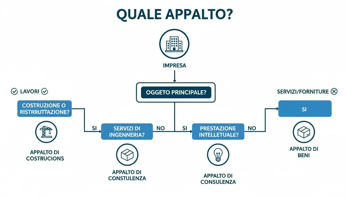 Diagramma di flusso che illustra le diverse tipologie di appalti pubblici basate sull'oggetto principale del contratto.