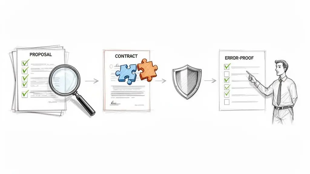 Processo illustrato di revisione proposte e contratti per la sicurezza e l'assenza di errori.