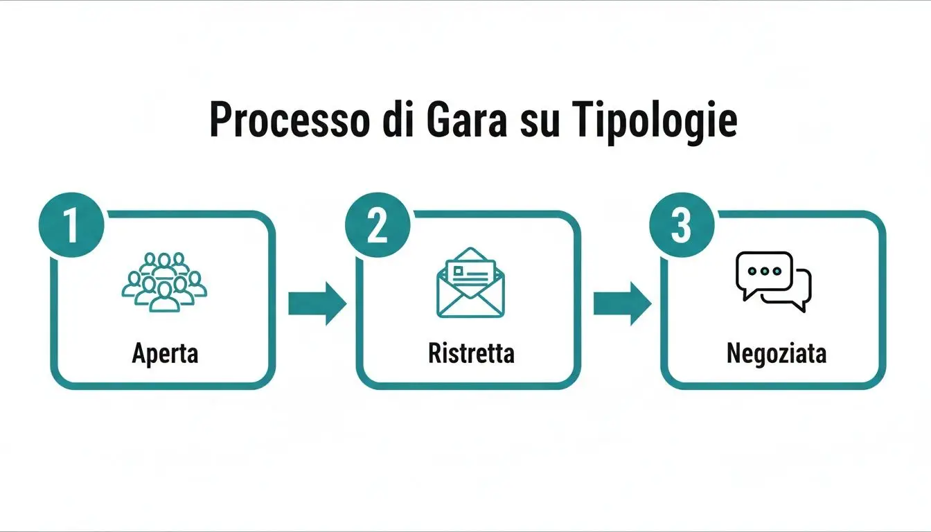 Diagramma del processo di gara d'appalto in tre tipologie: Aperta, Ristretta e Negoziata con frecce direzionali.