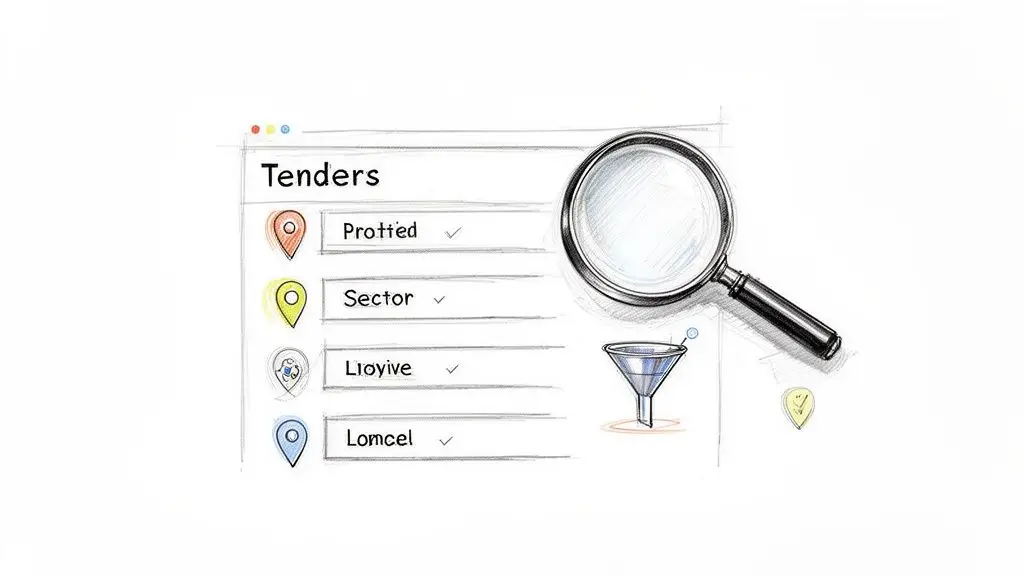 Schizzo di un'interfaccia per la ricerca di gare d'appalto con campi di filtraggio, icone di posizione e lente d'ingrandimento.