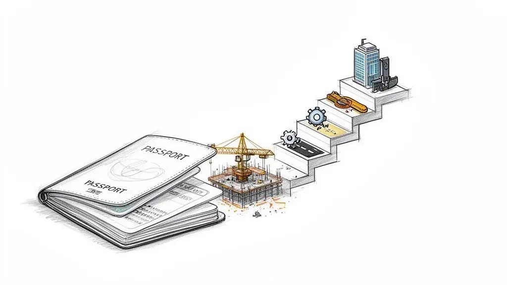 Illustrazione che mostra un passaporto, un cantiere e una scala di progressione verso il successo e il business.