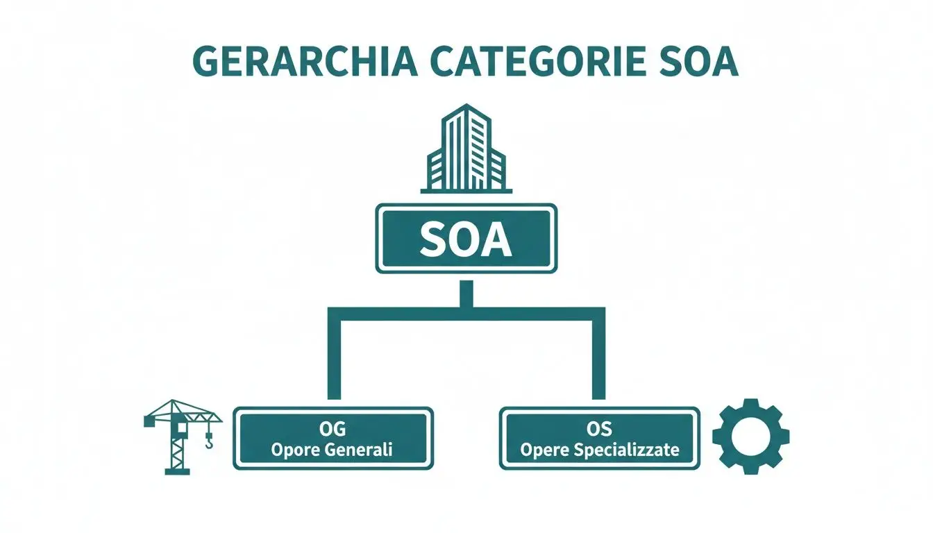 Diagramma gerarchico delle categorie SOA, mostrando la divisione tra Opere Generali (OG) e Opere Specializzate (OS).