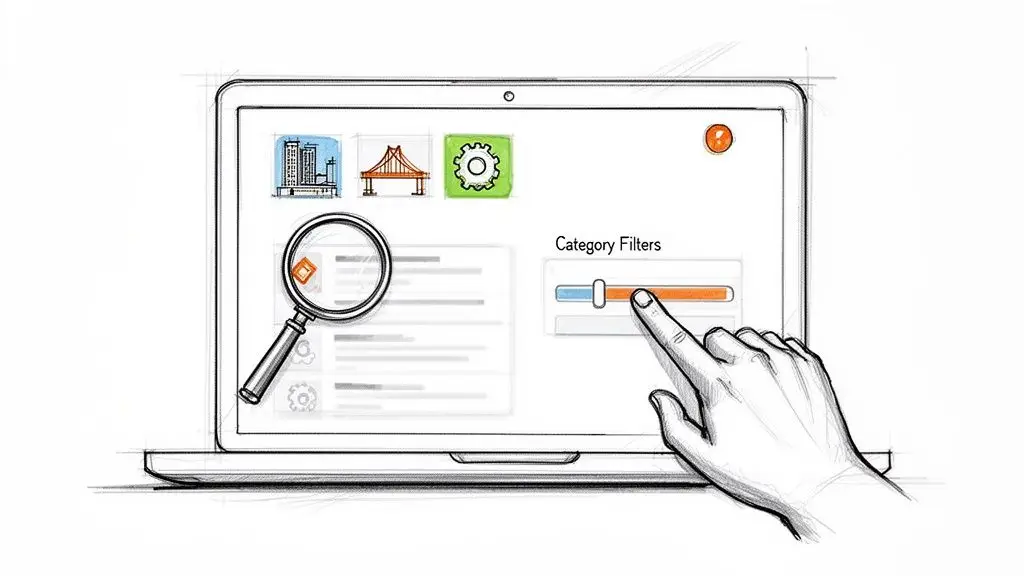 Una mano interagisce con un filtro categoria su uno schermo di laptop. Si vedono icone e risultati di ricerca.