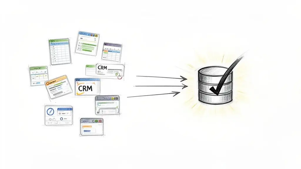 Molteplici finestre di software e applicazioni inviano dati a un database centrale e validato, simboleggiando l'integrazione.