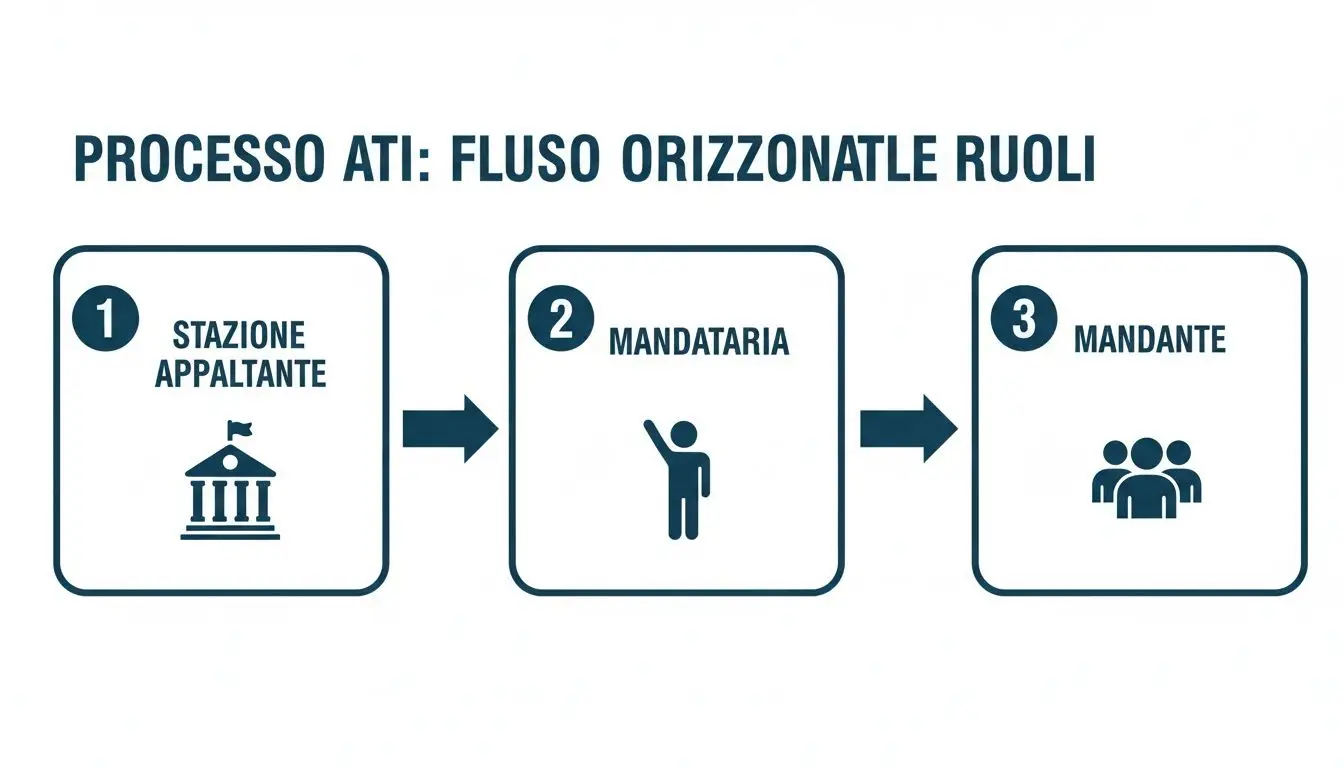 Diagramma di flusso del processo ATI che illustra i ruoli principali: Stazione Appaltante, Mandataria e Mandante con icone.