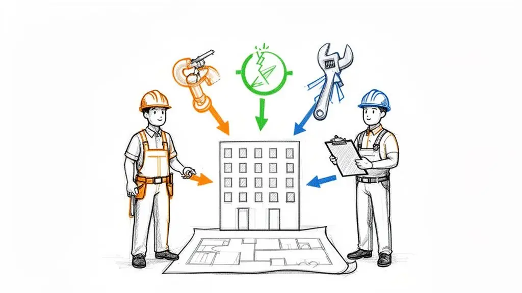 Illustrazione di operai edili con strumenti, un edificio e planimetrie, simbolo di servizi di costruzione e manutenzione.