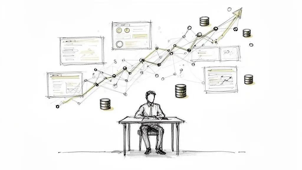 Un uomo analizza grafici e dati di crescita interconnessi con pile di monete, rappresentando analisi aziendale.