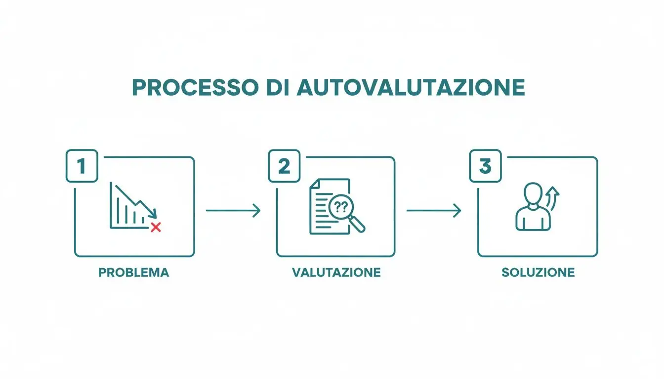 Diagramma del processo di autovalutazione: un problema con grafico in calo, una valutazione con lente d'ingrandimento, e una soluzione.