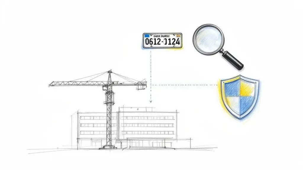 Illustrazione di un cantiere edile con gru, targa veicolo, lente d'ingrandimento e scudo di sicurezza.