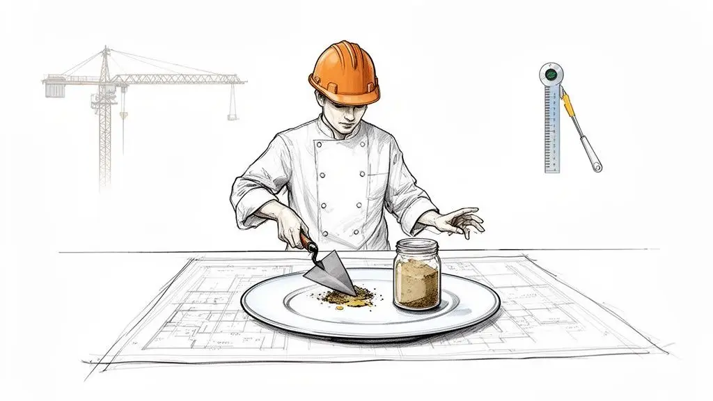 Un cuoco con elmetto usa una cazzuola su una piantina, unendo cucina e costruzione.