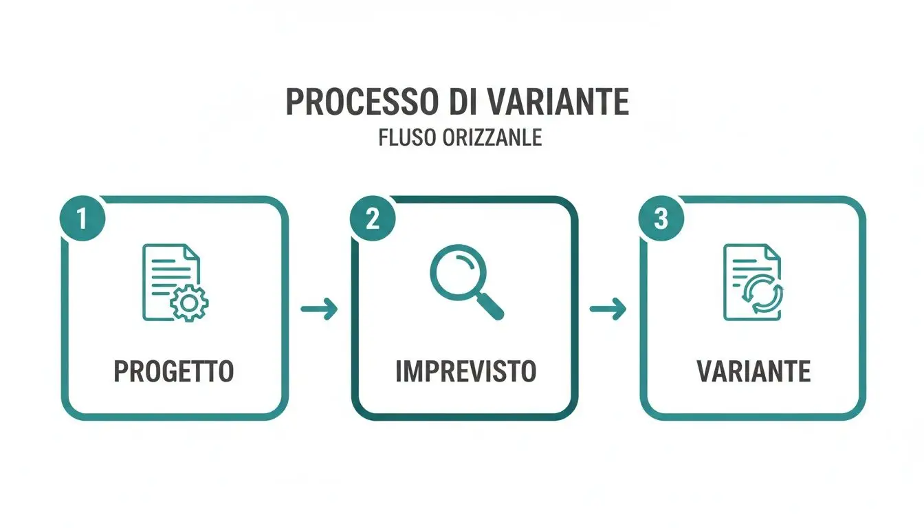 Diagramma di flusso orizzontale del processo di variante: progetto, imprevisto e variante.