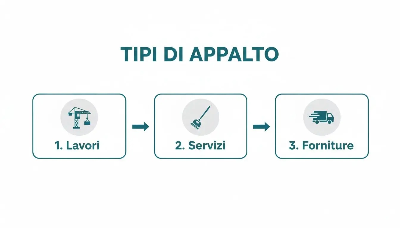 Diagramma che illustra i tre tipi principali di appalto: lavori, servizi e forniture, con icone esplicative.