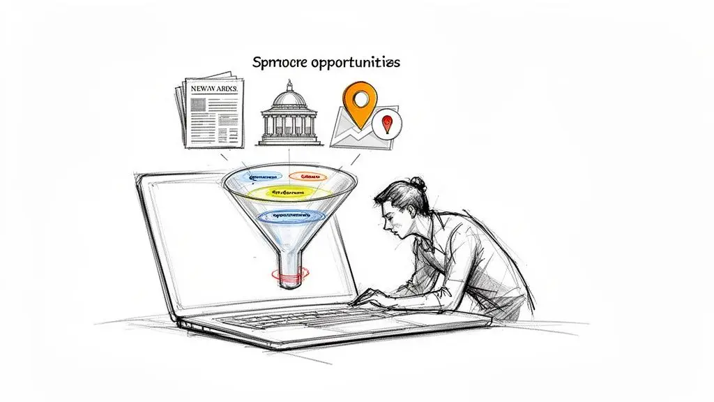 Illustrazione di una persona che cerca e filtra opportunità di appalto su un laptop, utilizzando un imbuto digitale.