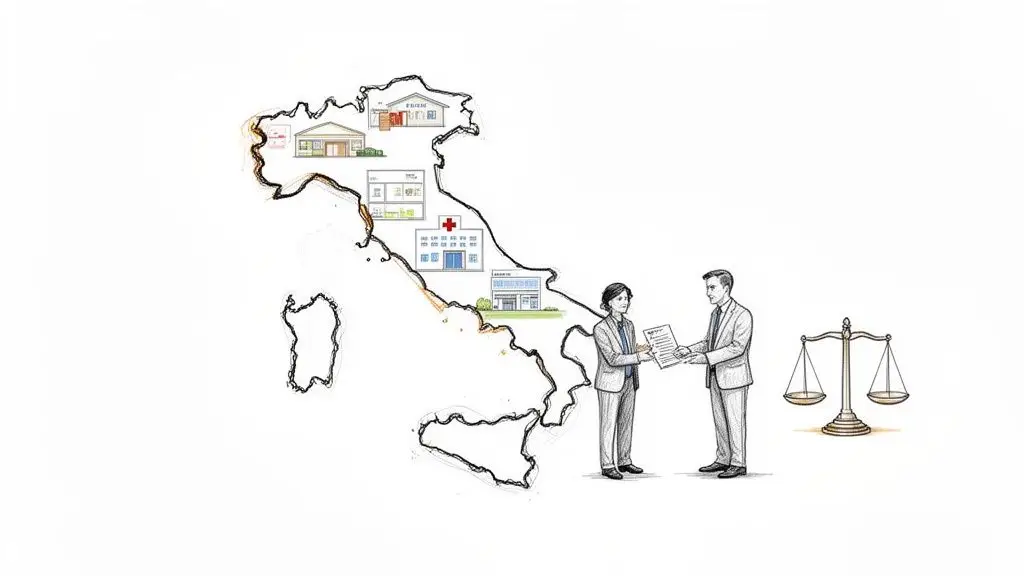 Mappa dell'Italia con edifici sanitari e residenziali, due persone che si scambiano documenti e una bilancia della giustizia. Illustra appalti e servizi pubblici.