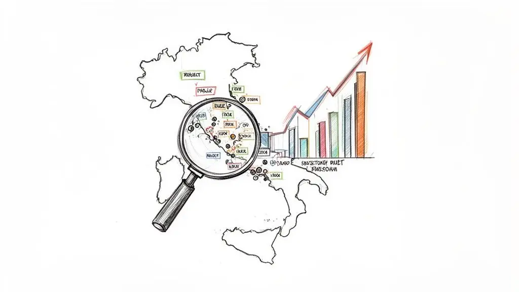 Mappa stilizzata dell'Italia con lente d'ingrandimento, punti dati e grafico di crescita, che illustra un'analisi di mercato o di progetto.