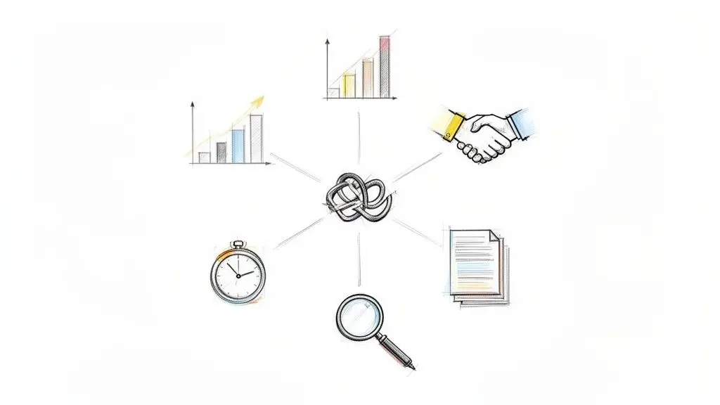 Illustrazione schizzo di un nodo centrale con icone interconnesse: grafici a barre, stretta di mano, documenti, lente d'ingrandimento e cronometro.